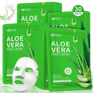 KONEUK 30 Pack Aloe Vera Hydrating Face Masks Skincare. Moisturizing & Soothing Sheet Face Mask for Skin Care. Bulk Aloe Face Masks for After Sun Care and Sunburn Relief : Beauty & Personal Care
