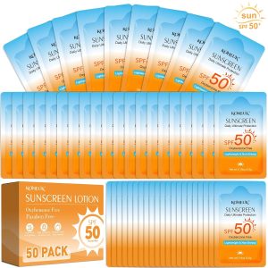 50 Pack Bulk Travel Size Sunscreen for Face and Body. SPF 50 Sunscreen Lotion. Lightweight and Non-Greasy. Mini Size for Summer Travel. Outdoor Activities. 0.19 OZ/Pack : Beauty & Personal Care